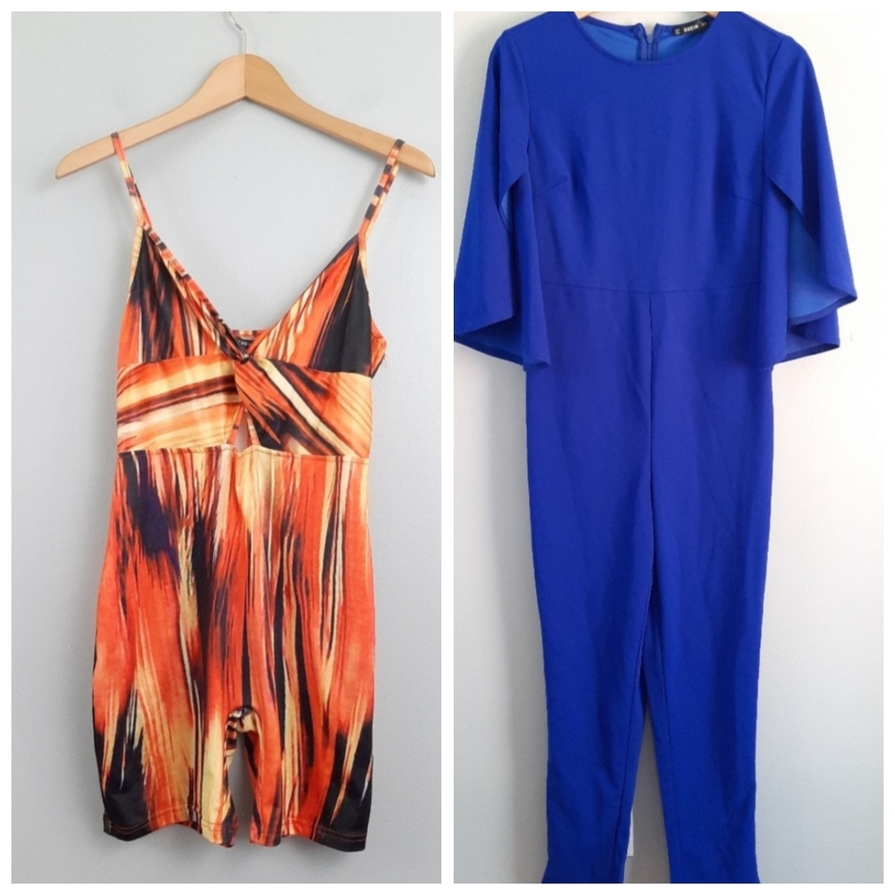 Shein Blue Crew Neck Jumpsuit & Orange Slim Fit Romper Bundle
